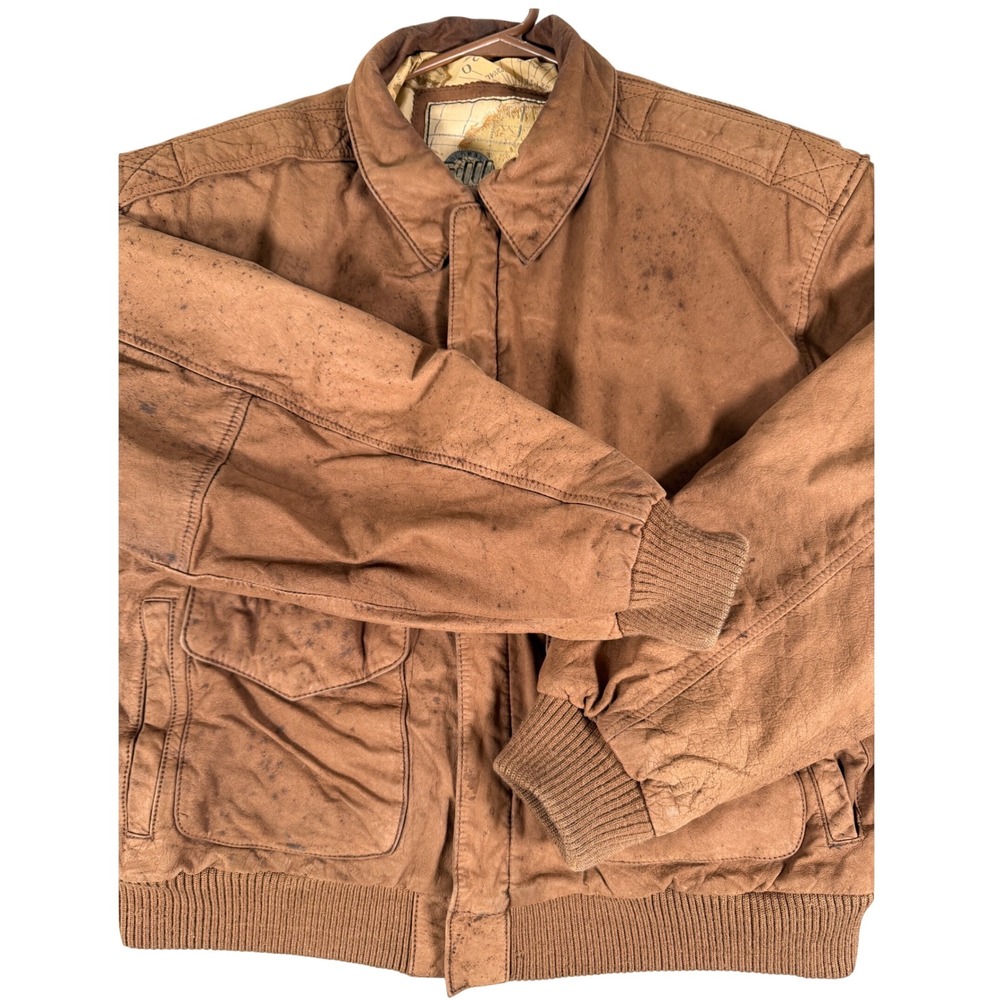 G-III Global Identity Brown Leather Bomber Jacket Vintage Map Lining Mens Small